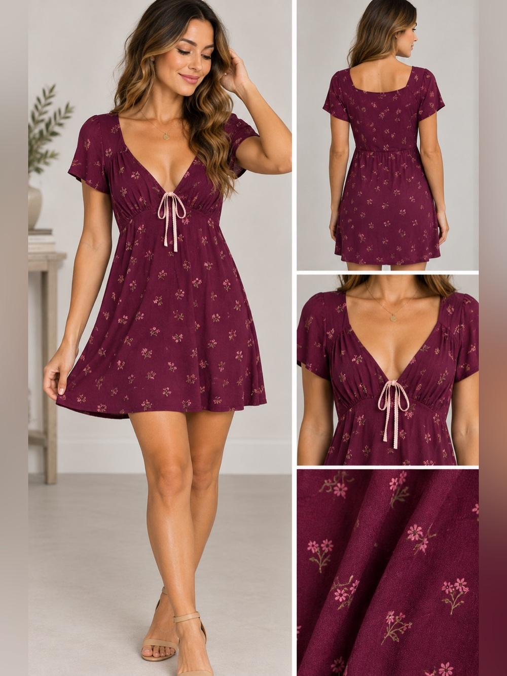 Free People Burgundy Floral Mini Dress Size Medium NWT Tie Front